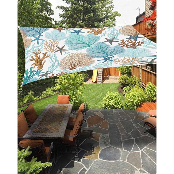 Sun Shade Sail 8'x10' Teal Green Starfish Coral Rectangle Sun Shade Sails Canopy Waterproof Summer Beach Ocean Outdoor Sunshades Sand UV Block Cover Shades Cloth for Patio Backyard Garden Deck Porch