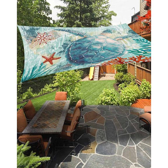 Sun Shade Sail 8'x10' Teal Sea Turtle Rectangle Sun Shade Sails Canopy Waterproof Anchor Coral Ocean Marine Life Outdoor Sunshades Sand UV Block Cover Shades Cloth for Patio Backyard Garden Deck
