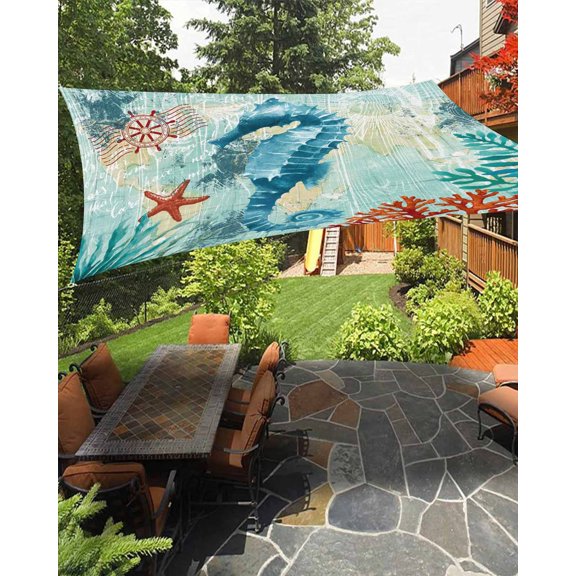Sun Shade Sail 8'x10' Teal Seahorse Rectangle Sun Shade Sails Canopy Waterproof Anchor Coral Ocean Marine Life Outdoor Sunshades Sand UV Block Cover Shades Cloth for Patio Backyard Garden Deck Porch