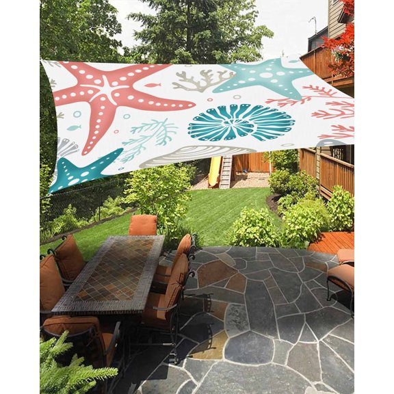Sun Shade Sail 8'x10' Teal Starfish Rectangle Sun Shade Sails Canopy Waterproof Marine Life Ocean Coastal Coral Outdoor Sunshades Sand UV Block Cover Shades Cloth for Patio Backyard Garden Deck