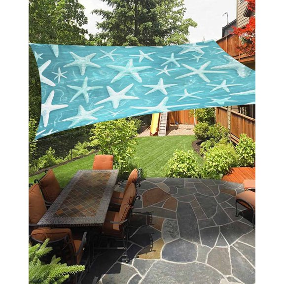 Sun Shade Sail 8'x10' Teal Starfish Rectangle Sun Shade Sails Canopy Waterproof Summer Ocean Wood Grain Outdoor Sunshades Sand UV Block Cover Shades Cloth for Patio Backyard Garden Deck Porch Lawn