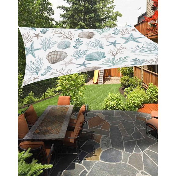 Sun Shade Sail 8'x10' Turquoise Starfish Shell Rectangle Sun Shade Sails Canopy Waterproof Coral Ocean Marine Life Outdoor Sunshades Sand UV Block Cover Shades Cloth for Patio Backyard Garden Deck