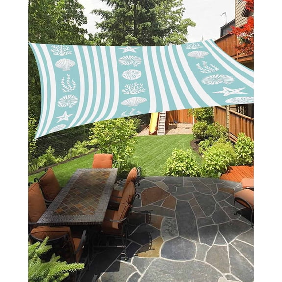 Sun Shade Sail 8'x10' Turquoise Stripes Shell Rectangle Sun Shade Sails Canopy Waterproof Ocean Starfish Jellyfish Coral Outdoor Sunshades Sand UV Block Cover Shades Cloth for Patio Backyard Deck