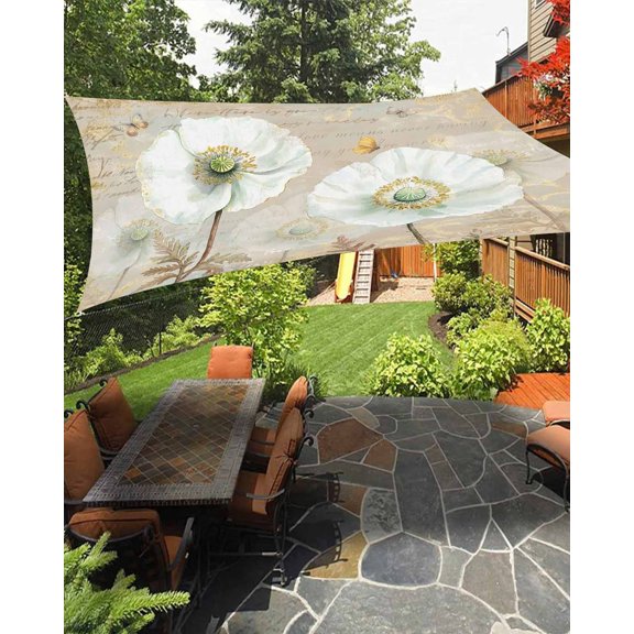 Sun Shade Sail 8'x10' White Floral Rectangle Sun Shade Sails Canopy Waterproof Butterfly Elegant Blossoms Flowers Outdoor Sunshades Sand UV Block Cover Shades Cloth for Patio Backyard Garden Deck