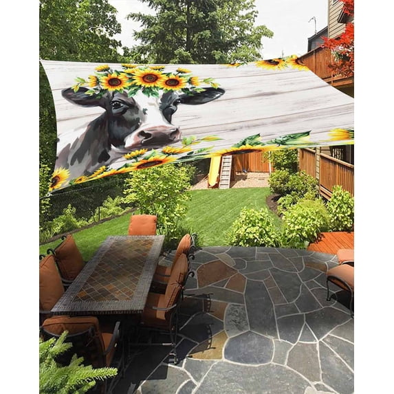 Sun Shade Sail 8'x10' Yellow Sunflower Cow Rectangle Sun Shade Sails Canopy Waterproof Farm Animal Wood Grain Outdoor Sunshades Sand UV Block Cover Shades Cloth for Patio Backyard Garden Deck Porch