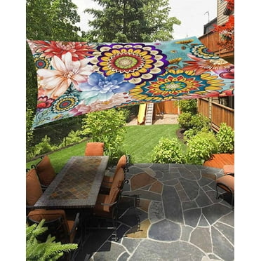 Sun Shade Sail 8x10Ft Bohemian Floral Mandala Flower Plant Uv Block Sunshade Canopy Outdoor Shade Cover Rectangle Shade Cloth For Patio Garden Yard Deck Pergola