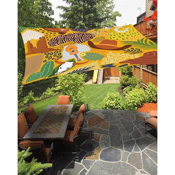 Sun Shade Sail 8x10Ft Boho Cowboy Boots Desert Cactus and Guitar Uv Block Sunshade Canopy Outdoor Shade Cover Rectangle Shade Cloth For Patio Garden Yard Deck Pergola