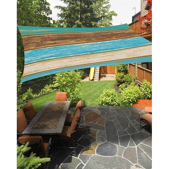 Sun Shade Sail 8x10Ft Retro Farmhouse Wood Grain Blue Gradient Uv Block Sunshade Canopy Outdoor Shade Cover Rectangle Shade Cloth For Patio Garden Yard Deck Pergola