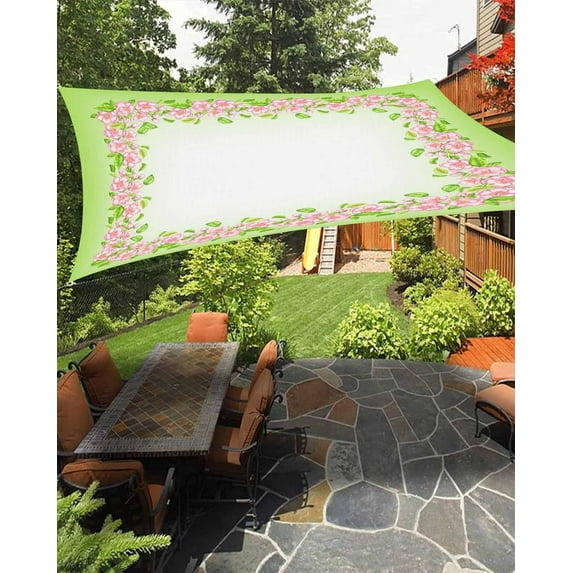 Sun Shade Sail 8x10Ft Spring Cherry Blossoms Pattern Green Background Uv Block Sunshade Canopy Outdoor Shade Cover Rectangle Shade Cloth For Patio Garden Yard Deck Pergola