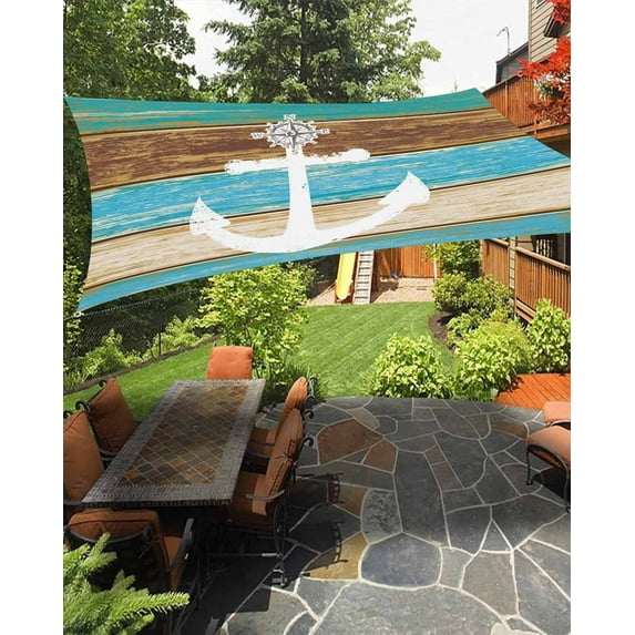 Sun Shade Sail 8x10Ft White Anchor Compass Farm Barn Blue Brown Wood Plank Uv Block Sunshade Canopy Outdoor Shade Cover Rectangle Shade Cloth For Patio Garden Yard Deck Pergola