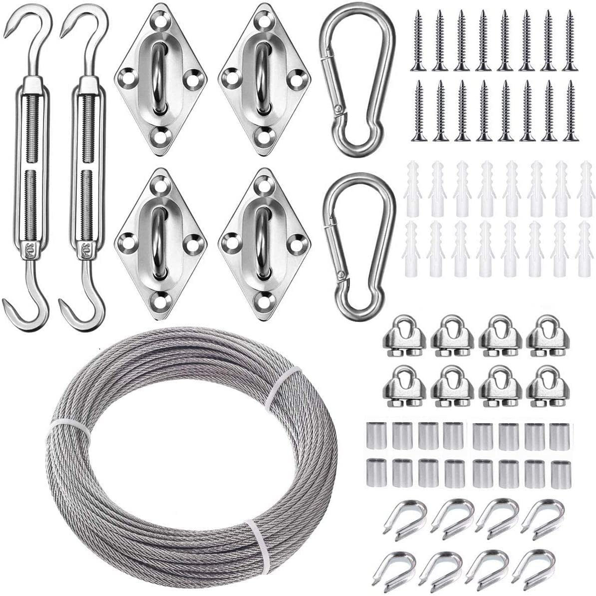 Sun Shade Sail Hardware Kit with 50ft 1/8 Steel Cable,70pcs T316
