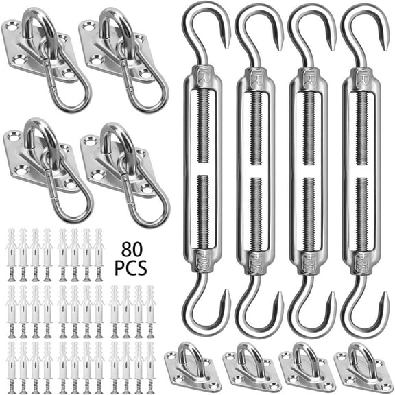Sun Shade Sail Hardware Kit 6 Inch for Rectangle & Triangle Install, Stainless Steel ShadeSail Fixing Accessories Outdoor Patio Canopy Garden, Heavy Duty Awning Attachment 80 Set