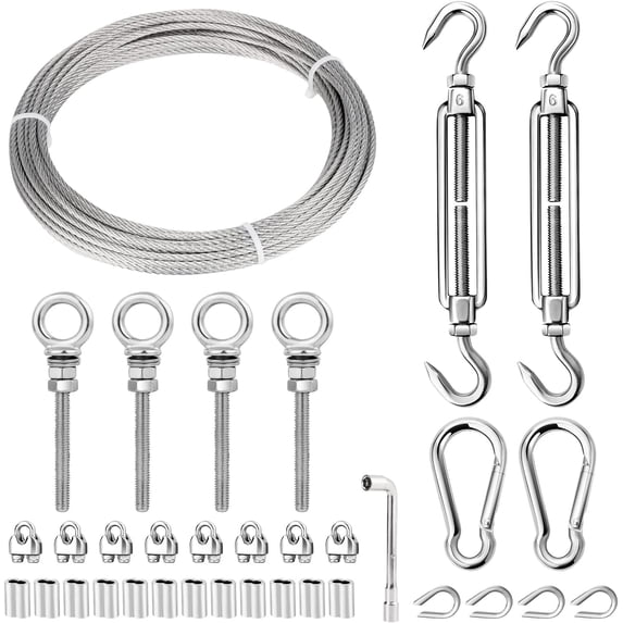 Sun Shade Sail Hardware Kit 6 inch for Triangle Rectangle Sun Shade Sail Installation, 304 Stainless Steel Sun Shades Outdoor Hardware Kit with 32 ft 1/8" Cable Wire Ropes B