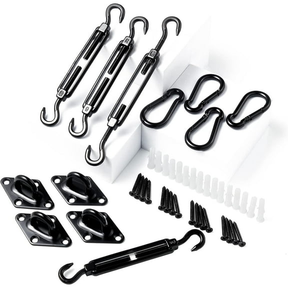 Sun Shade Sail Hardware Kit Awning Attachment Set for Garden Square and Rectangle Heavy Duty Sun Shade Sail Fixing Kit - Black 44PCS