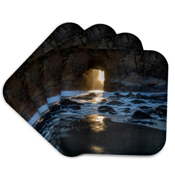3drose, Sun Shines Through a Tunnel in a Sea Cliff in the Big Sur Area., Set of 4 Coasters - Soft