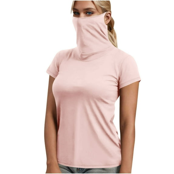 Sun Shirts for Women Lightweight Breathable Workout Athletic T-Shirts High Neck Short Sleeve Basic Tees Comfy Blouse with Face Mask Oversize Gym Shirts S
