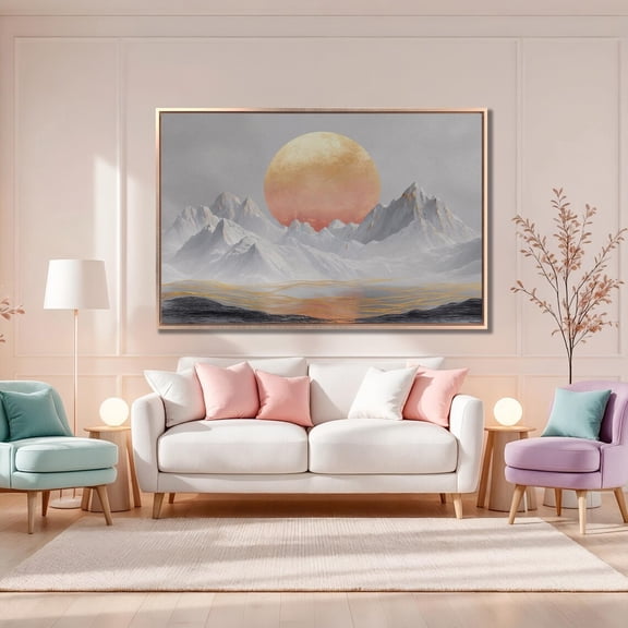 Sun & Snowy Mountains Poster: Abstract Landscape Wall Art, Unframed Canvas Size 12x18