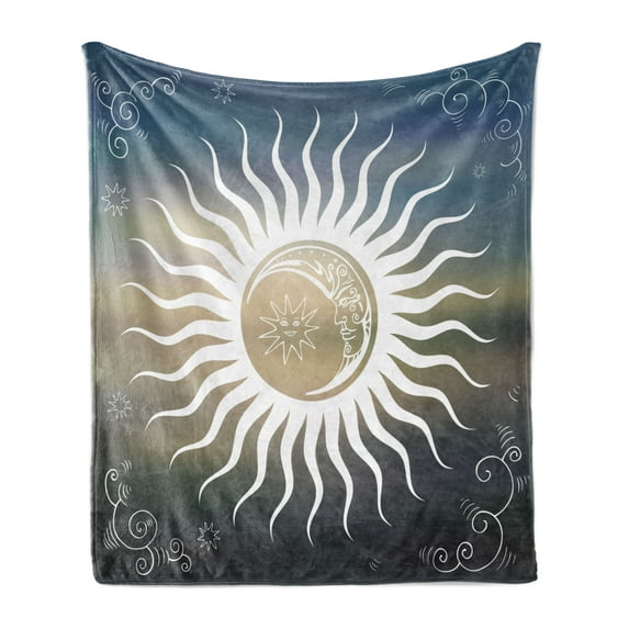 Sun Soft Flannel Fleece Throw Blanket, Celestial Bodies Silhouette Geometric Elements Swirled Lines with Curves Ornamental, Cozy Plush for Indoor and Outdoor Use, 60" x 80", Multicolor, by Ambesonne
