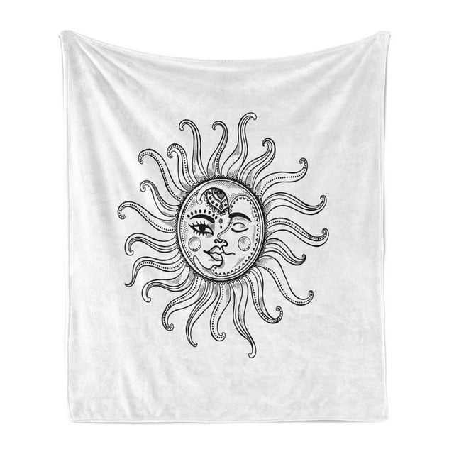 Sun Soft Flannel Fleece Throw Blanket, Doodle Style Vintage Retro Tribal Elements Stars Arrow Shapes and Crescent Moon, Cozy Plush for Indoor and Outdoor Use, 50" x 60", Black White, by Ambesonne