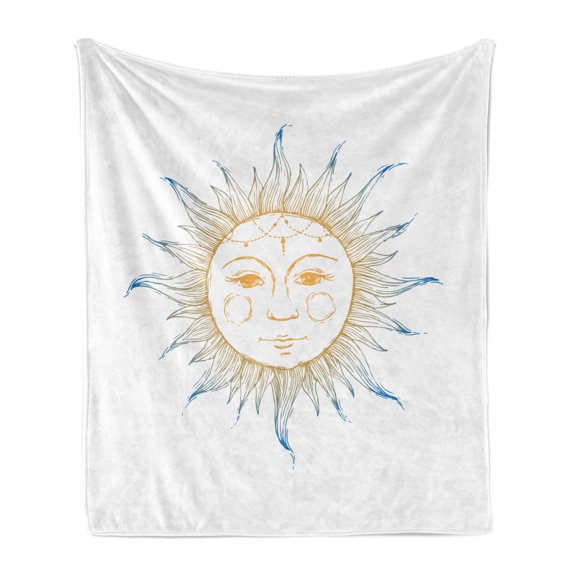 Sun Soft Flannel Fleece Throw Blanket, Hand Drawn Ornamental Star with Face Tribal Aztec Inspired Illustration, Cozy Plush for Indoor and Outdoor Use, 70" x 90", Apricot Blue White, by Ambesonne