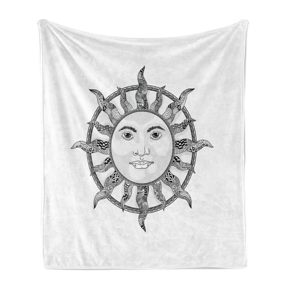 Sun Soft Flannel Fleece Throw Blanket, Monochrome Ornamental Zentangle Heavenly Body with Human Face Design Pattern, Cozy Plush for Indoor and Outdoor Use, 50" x 70", Black White, by Ambesonne