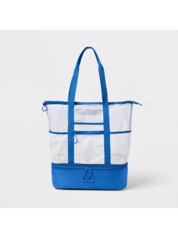 Beach Tote Bag Zipper Bottom Tan Stripe Navy Lining Blue