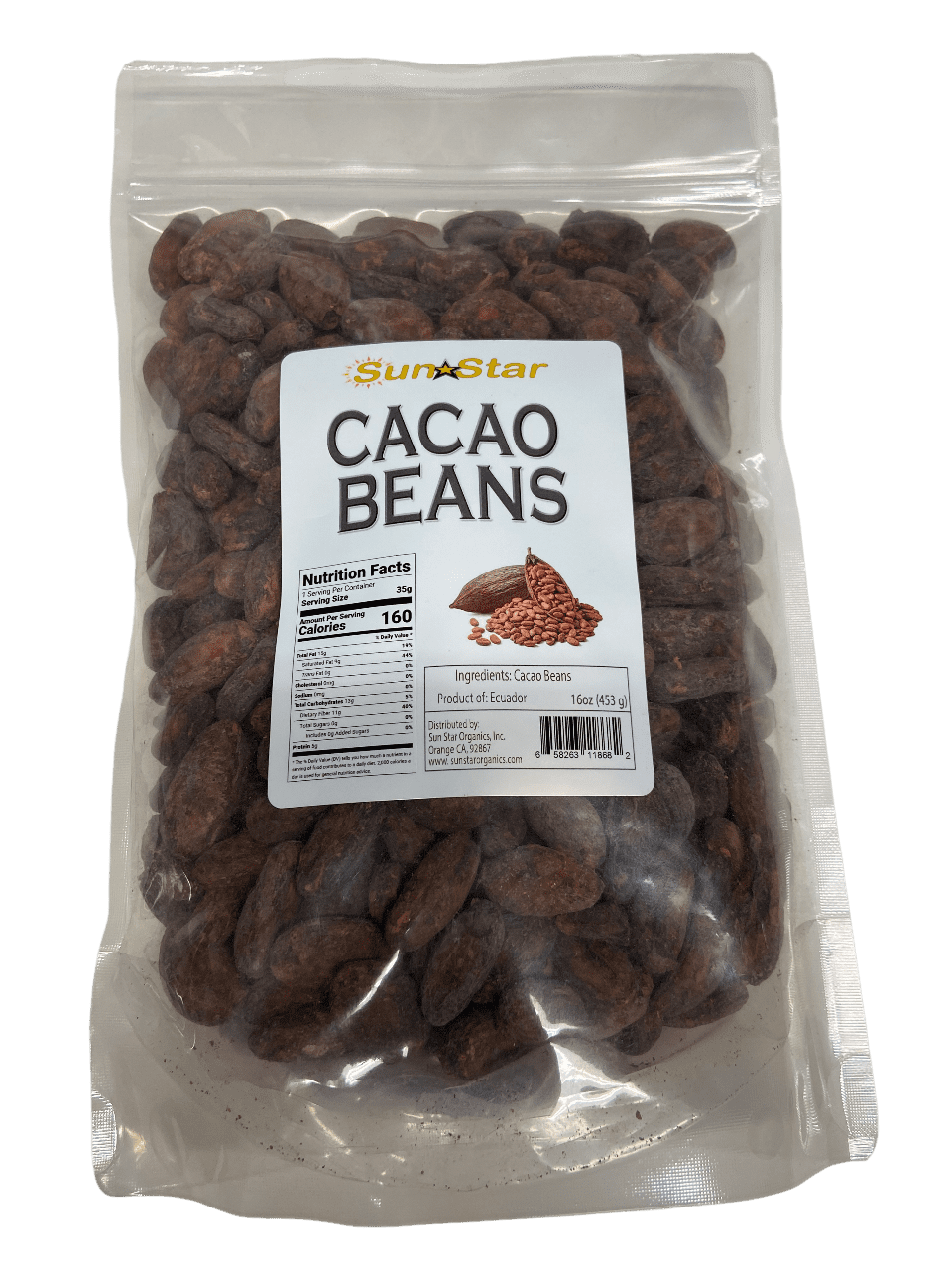 Sun Star Organics Cacao Beans 16oz – Raw, Ecuadorian, Antioxidant-Rich