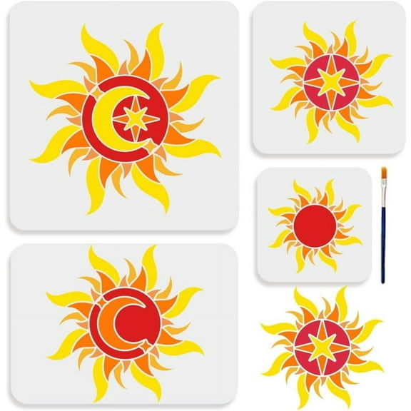 Sun Stencil 6~12inch 4 Sizes Sun Moon Star Stencil with Paint Brush Dazzling Boho Sun Stencil for Painting on Furniture Wood Canvas Paper Wall Mixed ColorDIY