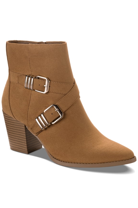 Elyssaa Pointed-Toe Buckle Booties, Tan Micro, 8
