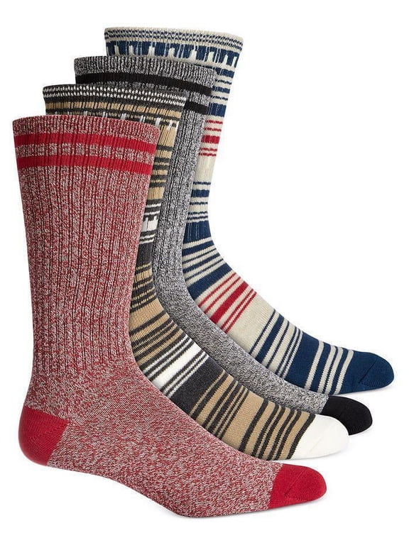 Mens 4 Pack Striped Crew Socks, Red, 4-Pack