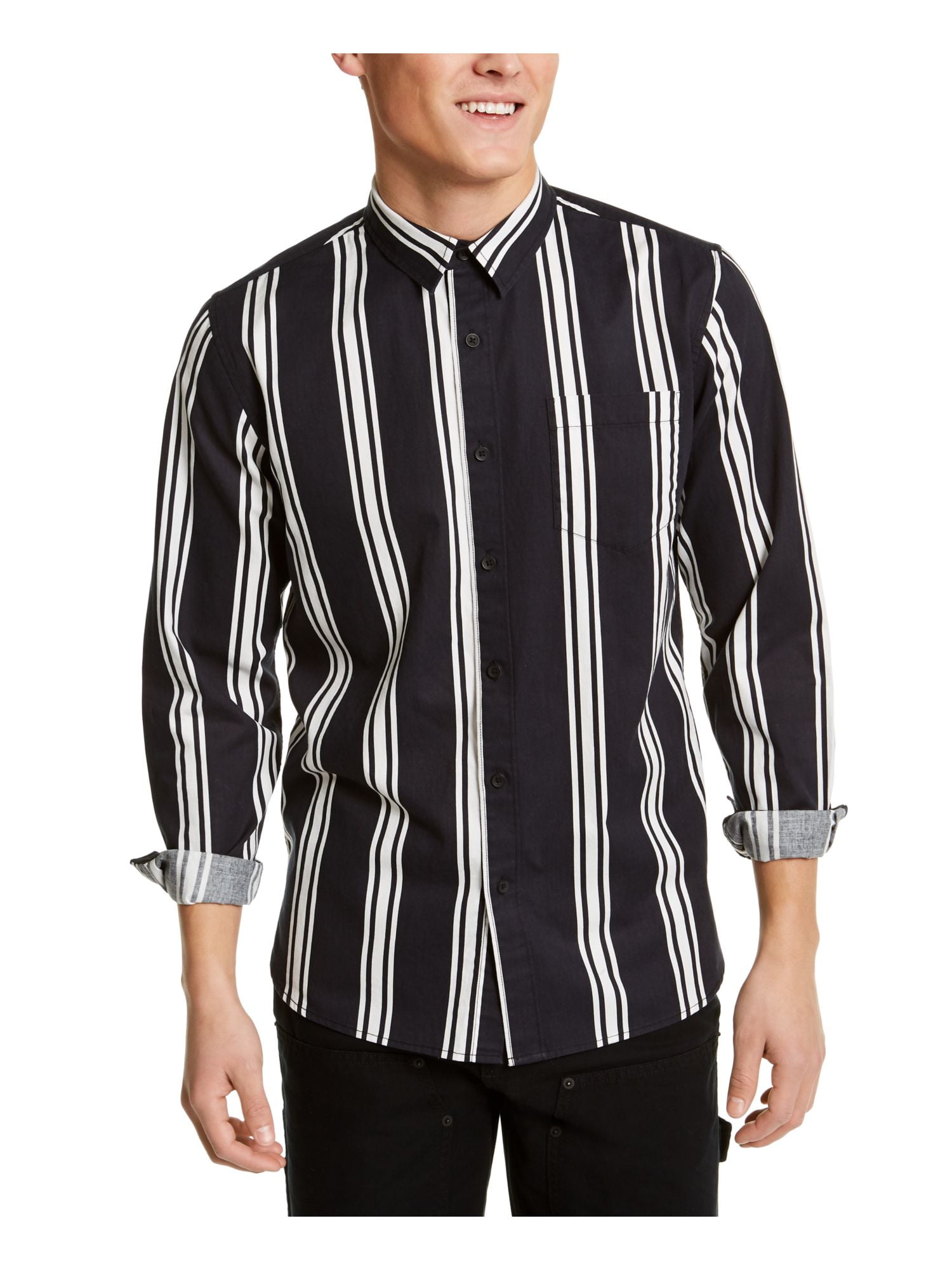 Sun + Stone Mens Striped Cotton ButtonDown Shirt Black S