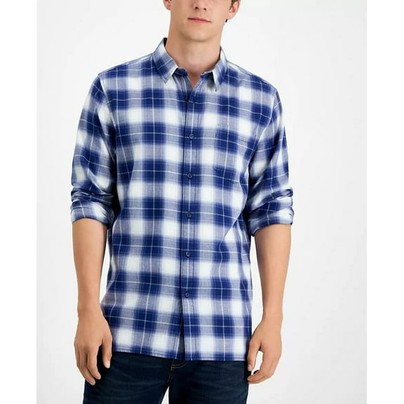 Sun + Stone POMPADOR BLUE Men's Will Plaid Shirt, US Small