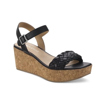 CHARLES DAVID Womens Beige Striped Adjustable Padded Ankle Strap Transform Square Toe Wedge Buckle Leather Dress Sandals Shoes M