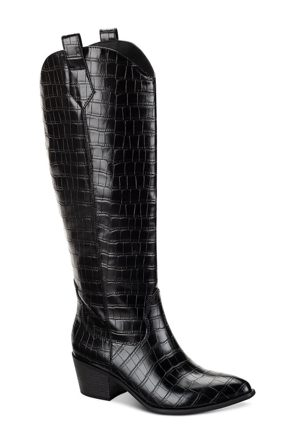 Womens Dollyy Croc Texture Block Heel Knee-High Boots