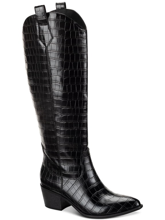 Womens Dollyy Croc Texture Block Heel Knee-High Boots