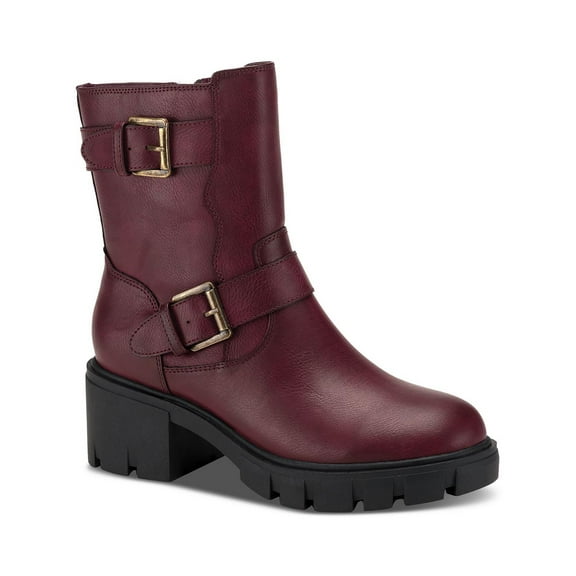 SUN STONE Womens Burgundy Lug Sole Comfort Lionell Round Toe Block Heel Zip-Up Moto 5.5 M