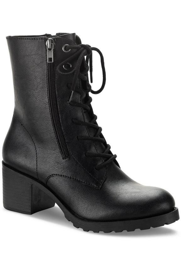 Womens Sheilaa Faux Leather Block Heel Combat & Lace-Up Boots