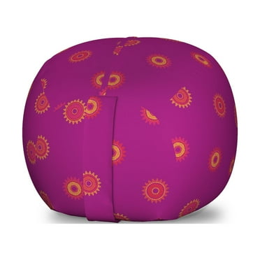 Sun Storage Toy Bag Chair, Illustration of Round Lines Nostalgic Solar on Warm Tone Backdrop, Stuffed Animal Organizer Washable Bag, Small Size, Dark Magenta and Dark Salmon, by Ambesonne