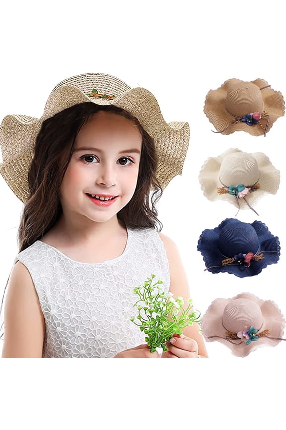 Sun Straw Hat Kids Girls Large Wide Brim Travel Beach Beanie Cap