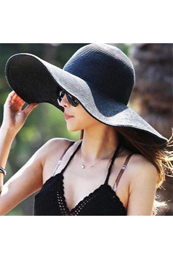 Sun Straw Hat Wide Brim Shape Hat with UPF 80+, Packable Lightweight Foldable Floppy Summer Oversized Beach Hat for Women Men, Black