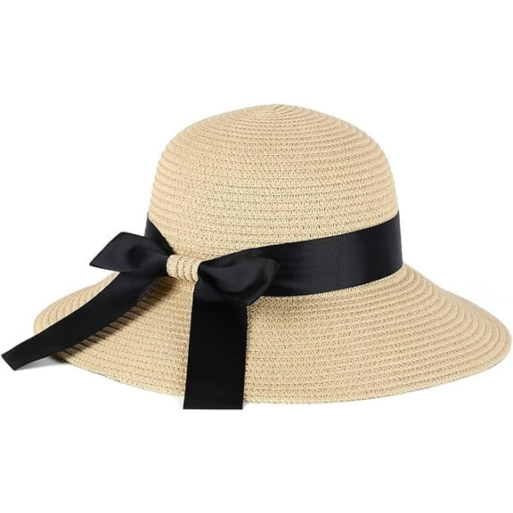 Sun Straw Hat for Women with Wind Lanyard Wide Brim Foldable Beach Summer Hats Womens UV 50  Protection Bowknot Cap