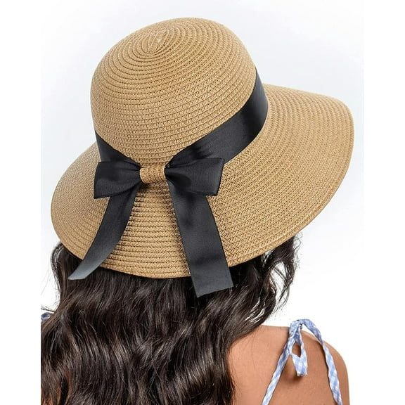 Sun Straw Hat for Women with Wind Lanyard Wide Brim Foldable Beach Summer Hats Womens UV 50  Protection Bowknot Cap