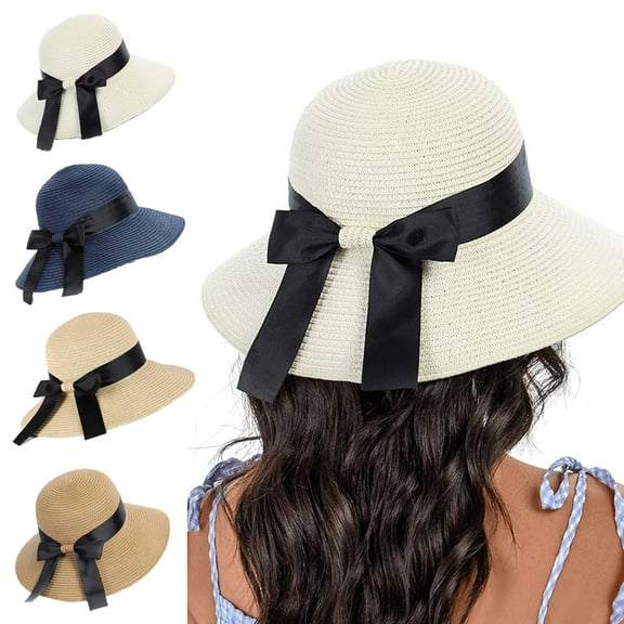 Sun Straw Hat for Women with Wind Lanyard Wide Brim Foldable Beach Summer Hats Womens UV 50+ Protection Bowknot Cap