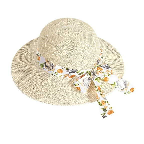 Sun Straw Hats for Women Foldable Floppy Beach Summer Hat Wide Brim Bowknot Lace