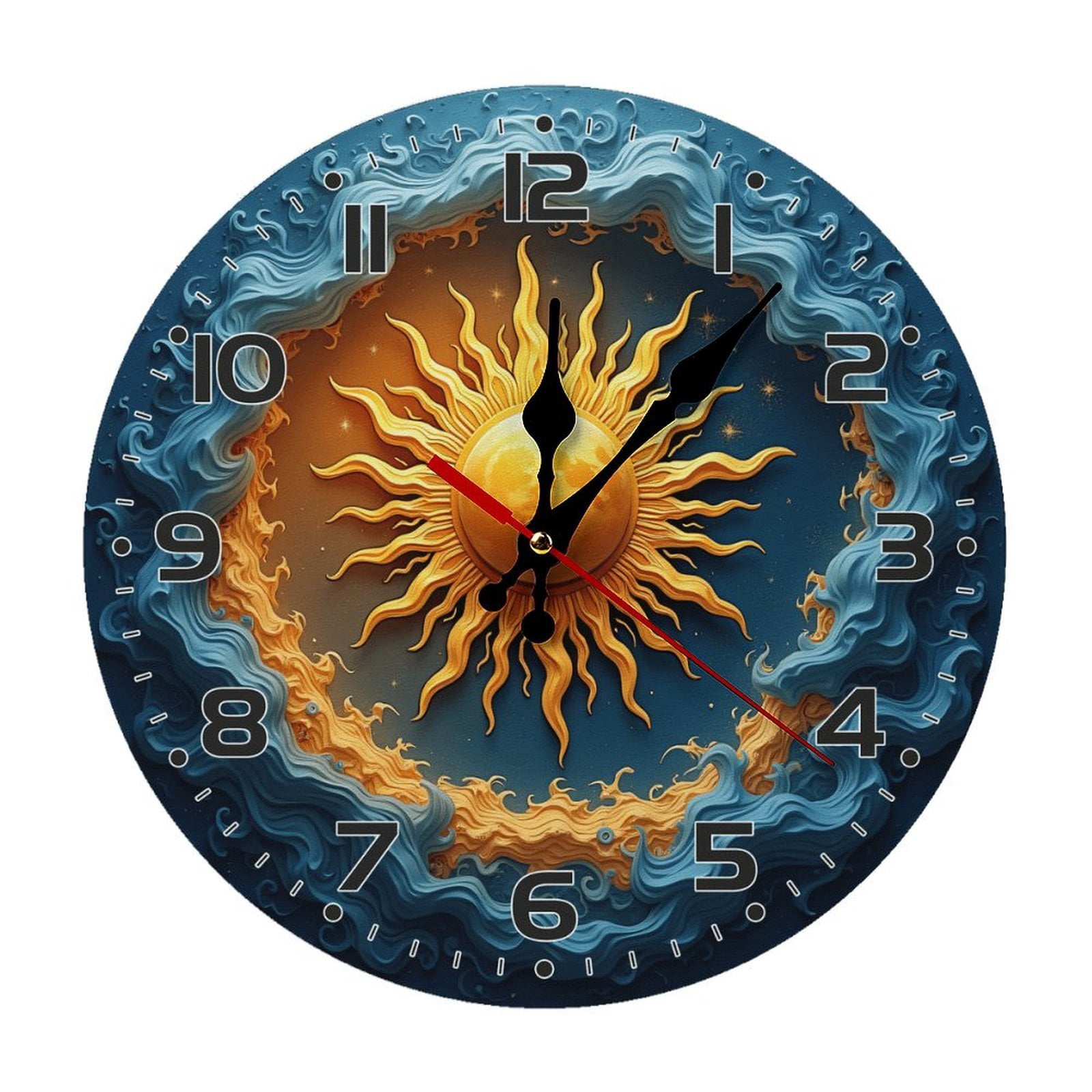 Sun Sunburst Golden Wall Clock 10 Inch Silent Non Ticking Round Clock ...