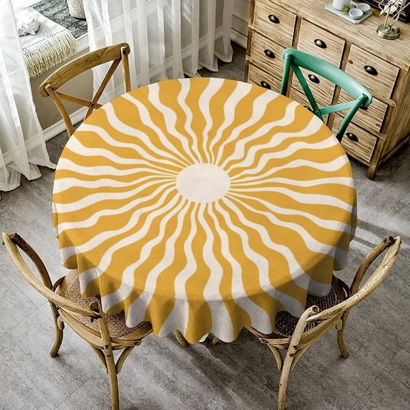Sun Sunshine Tablecloth, Abstract Hippie Retro Sunset Print Table Cloth Cover for Home Kitchen Dining Party Patio Indoor Outdoor, Round(60x60in)
