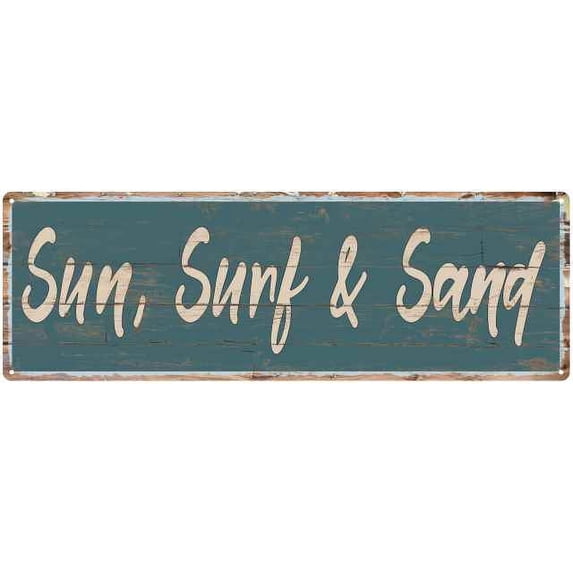 Sun, Surf & Sand Beach Style Wood Look Sign Gift Green 6x18 Metal Decor 206180086039