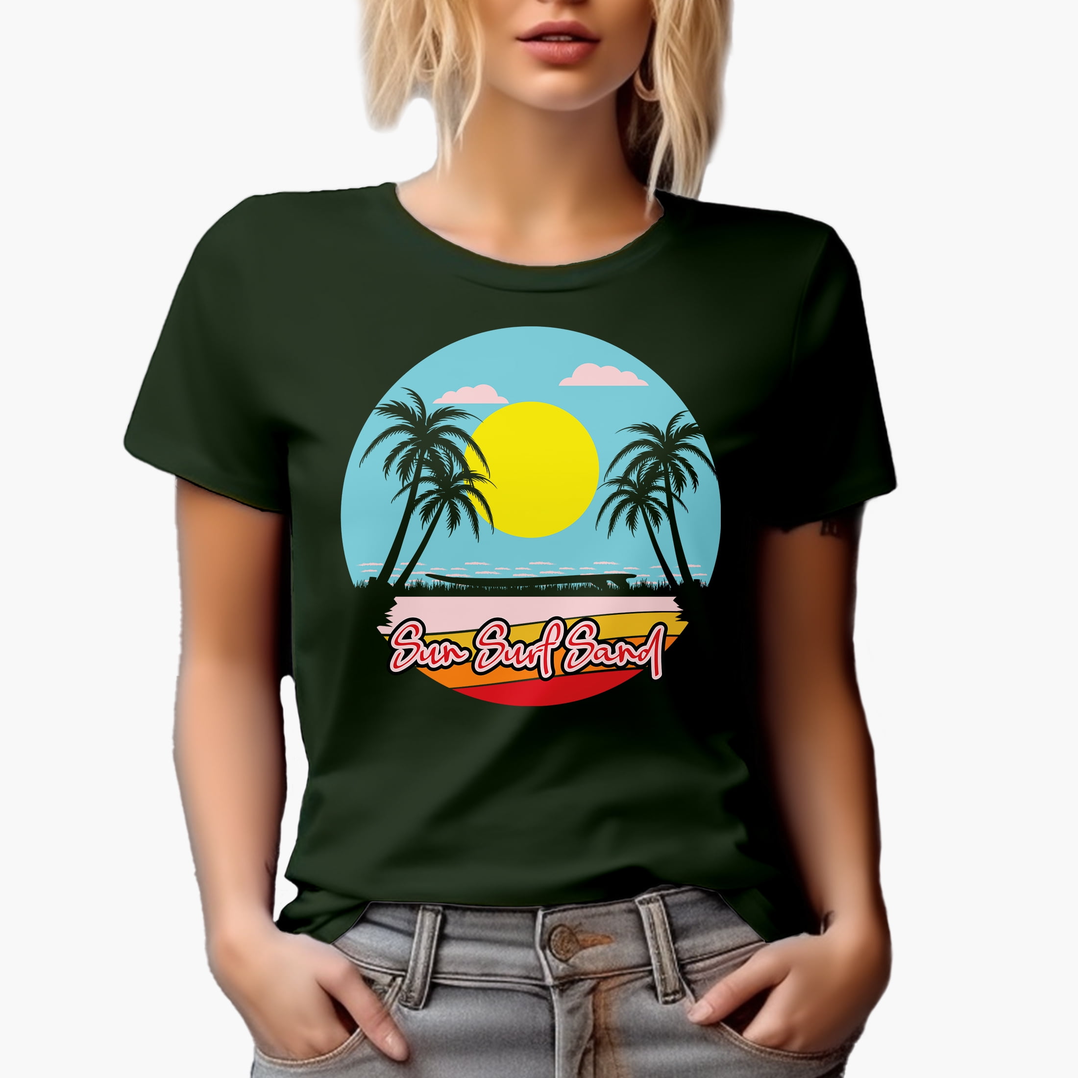 Sun, Surf, Sand with Palm Trees, Military Green T-Shirt, Medium
