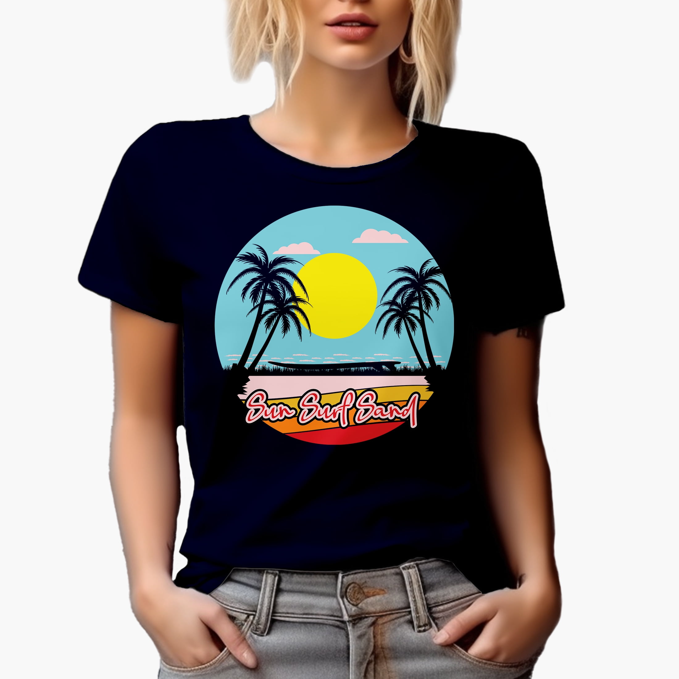 Sun, Surf, Sand with Palm Trees, Navy Blue T-Shirt, Large