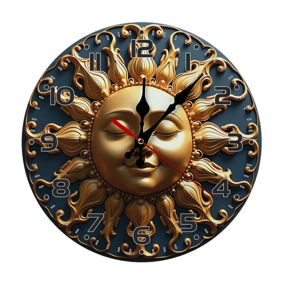 Sun Symbol Gold Wall Clock 10 Inch Silent Non Ticking Round Clock Decoration for Living Room Kitchen Bedroom Bathroom Office Classroom